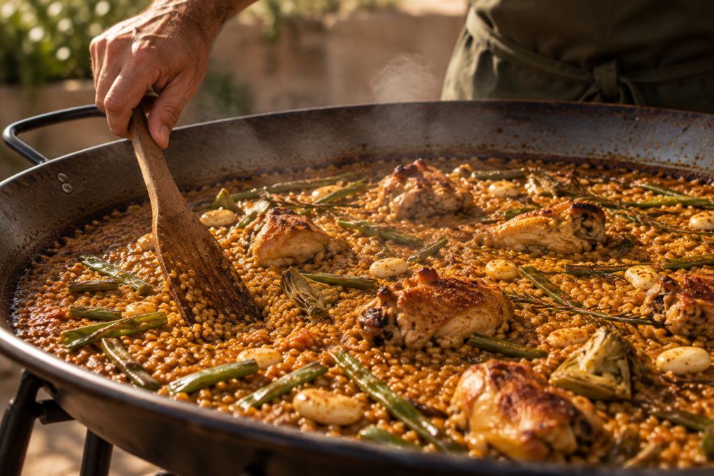 Arroz cuisiné sur place dans une grande poêle par RROZ